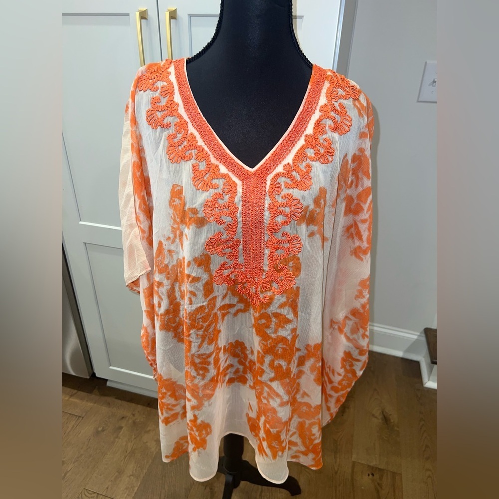 Chico’s Coral Embroidered Sheer Poncho Cover Up Top Tropical Vacation Resortwear